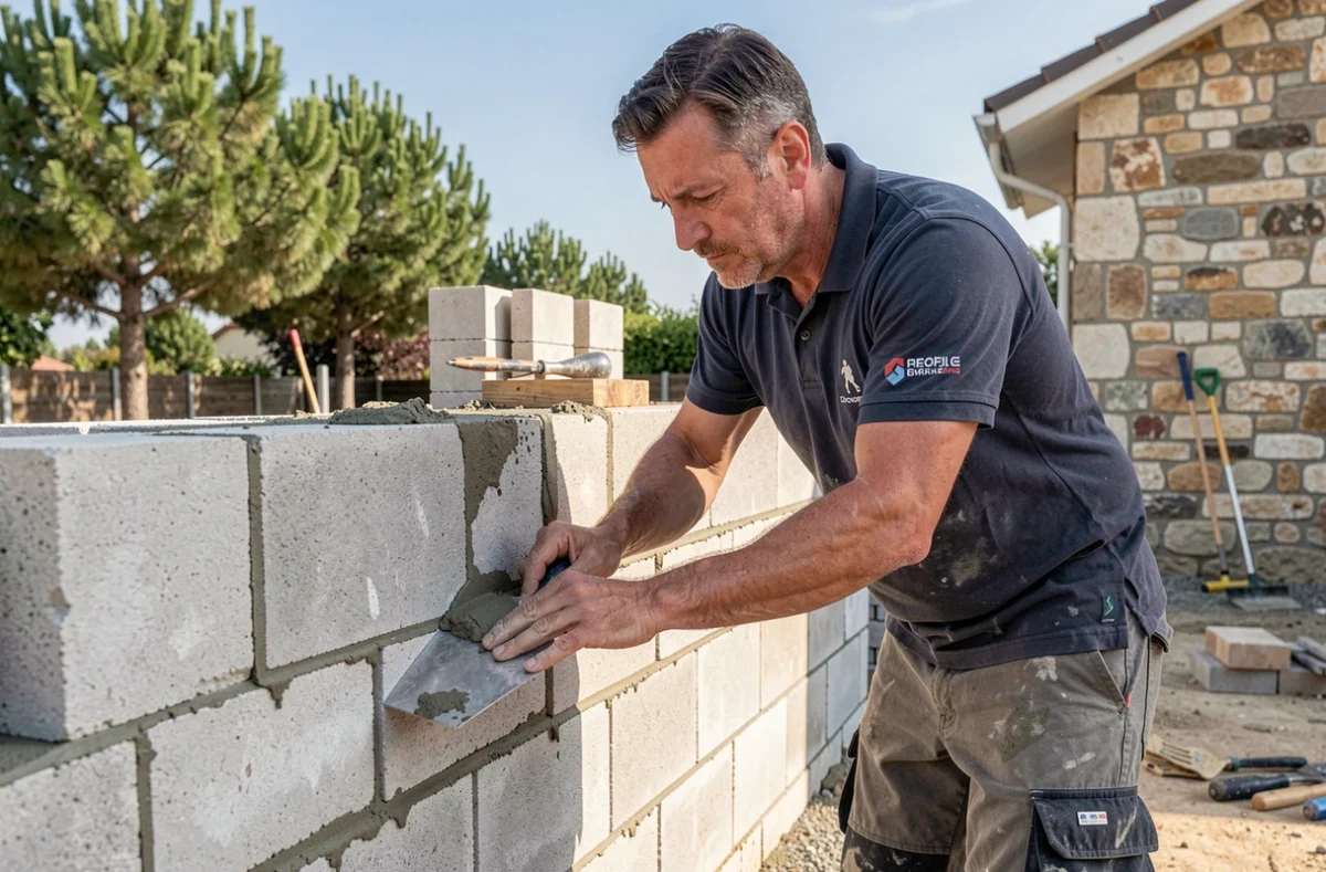 Maçon de MAS BTP appliquant du mortier sur une construction en parpaings en Gironde