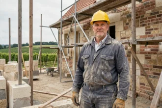 Un maçon professionnel en tenue de chantier devant une façade en pierre et brique en Gironde
