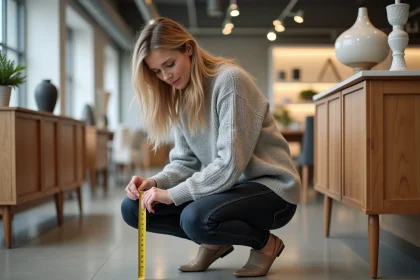 Femme mesurant un meuble buffet avec un mètre ruban dans un magasin BUT, vérification des dimensions avant achat