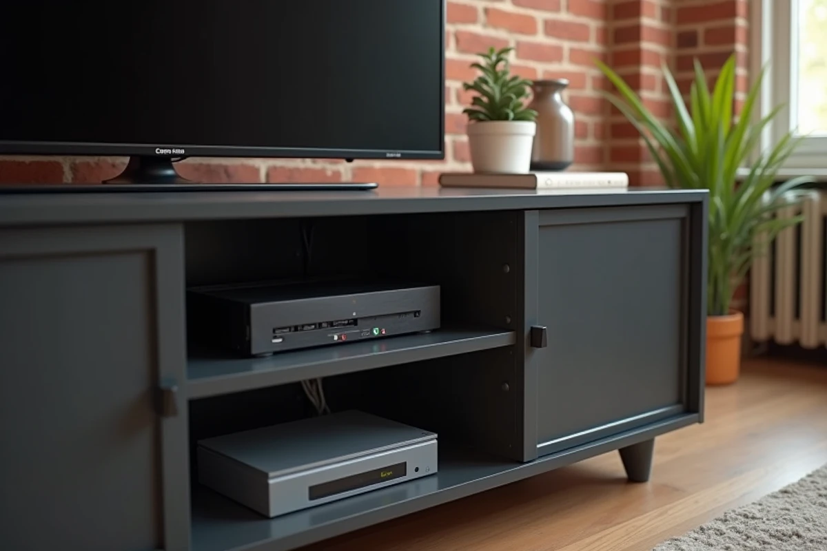 Détail d'un meuble TV d'angle anthracite avec gestion des câbles et compartiments de rangement organisés