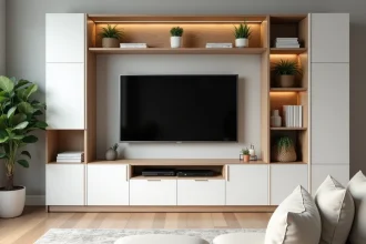 Meuble TV d'angle en bois clair avec rangements ouverts et fermés dans un salon moderne aux tons neutres