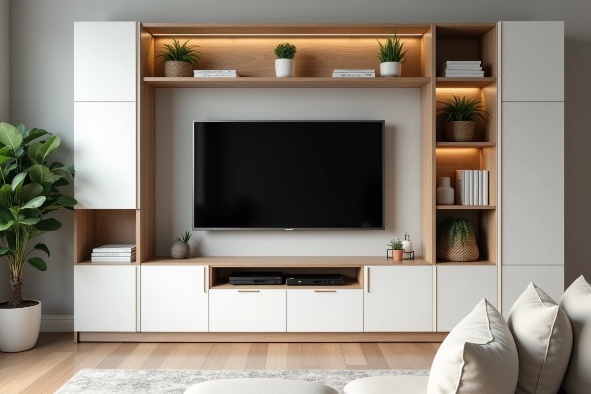 Meuble TV d'angle en bois clair avec rangements ouverts et fermés dans un salon moderne aux tons neutres