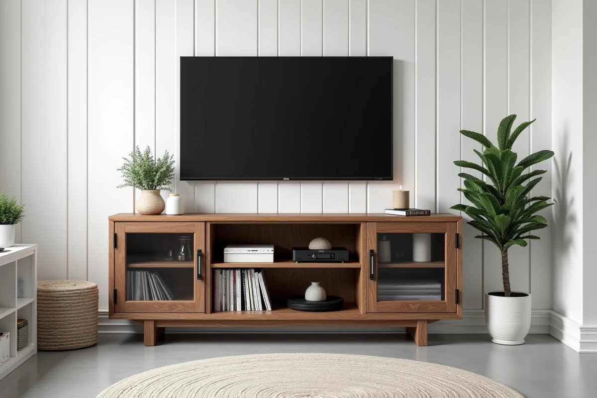 Meuble TV d'angle style scandinave en noyer avec portes en verre fumé et rangements intégrés dans un salon épuré