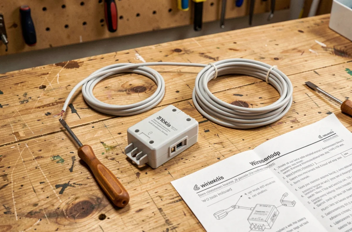 Module Yokis va et vient posé sur un établi avec les outils nécessaires à son installation électrique