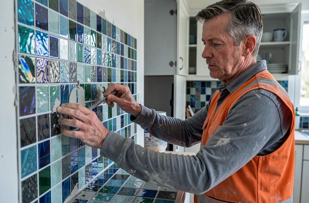 Artisan de Music Carrelage alignant des carreaux en mosaïque de verre sur une crédence murale dans une cuisine française moderne