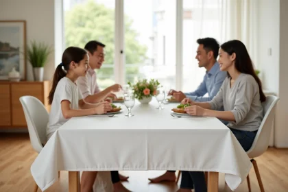 Table à manger rectangulaire avec nappe blanche infroissable dans une salle à manger moderne et familiale