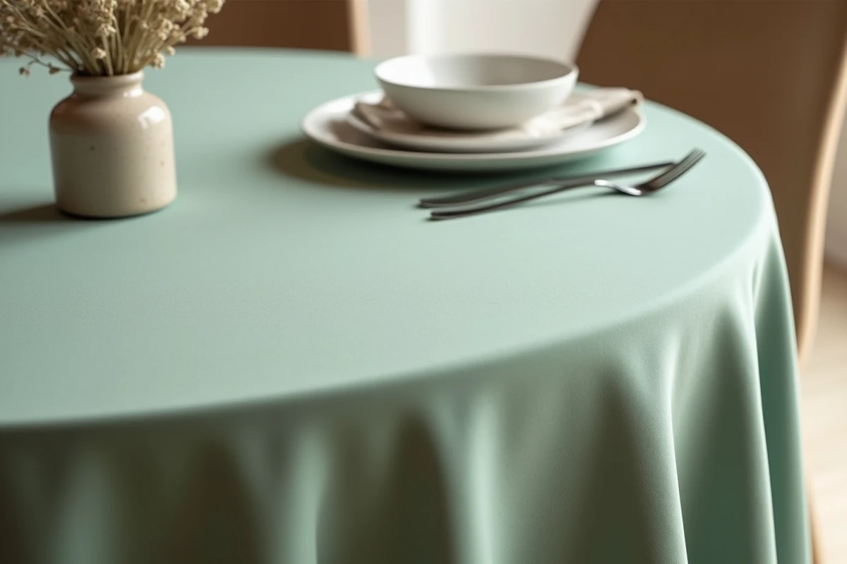 Nappe ronde infroissable anti-tache vert sauge sur table ronde avec couvert élégant et vase décoratif