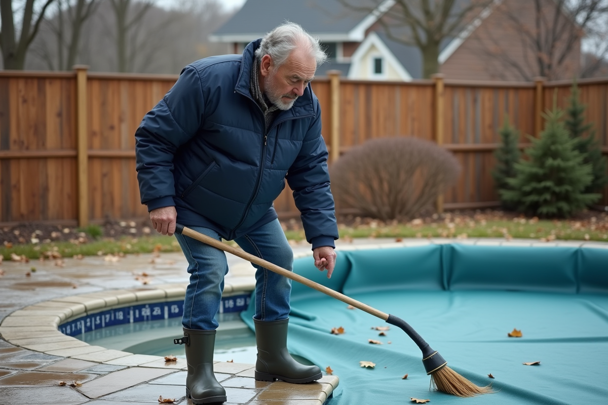 Homme nettoyant une piscine couverte en automne