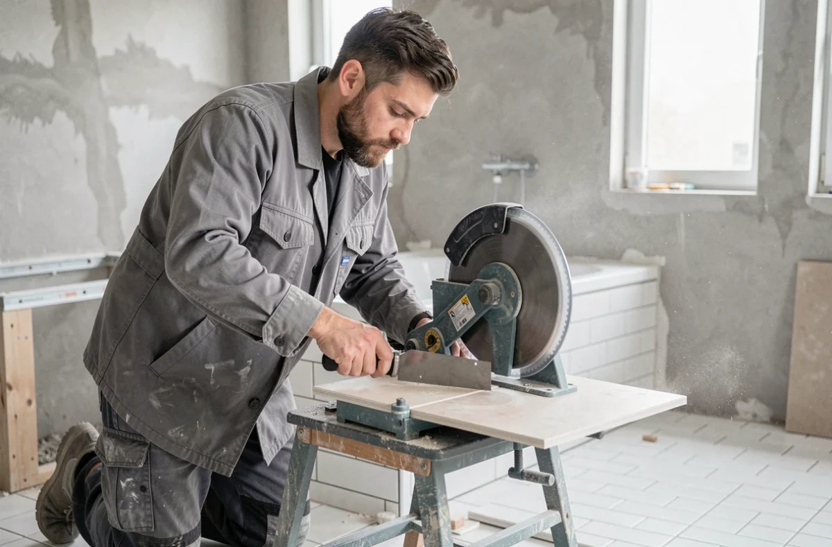 Nicolas Thomas artisan carreleur coupant une tuile en céramique avec une scie humide professionnelle lors d'une rénovation de salle de bain