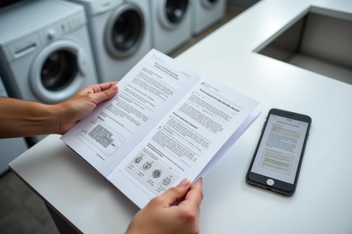 Notice d'utilisation PDF du lave-linge Whirlpool 9kg ouverte sur un plan de travail avec instructions techniques