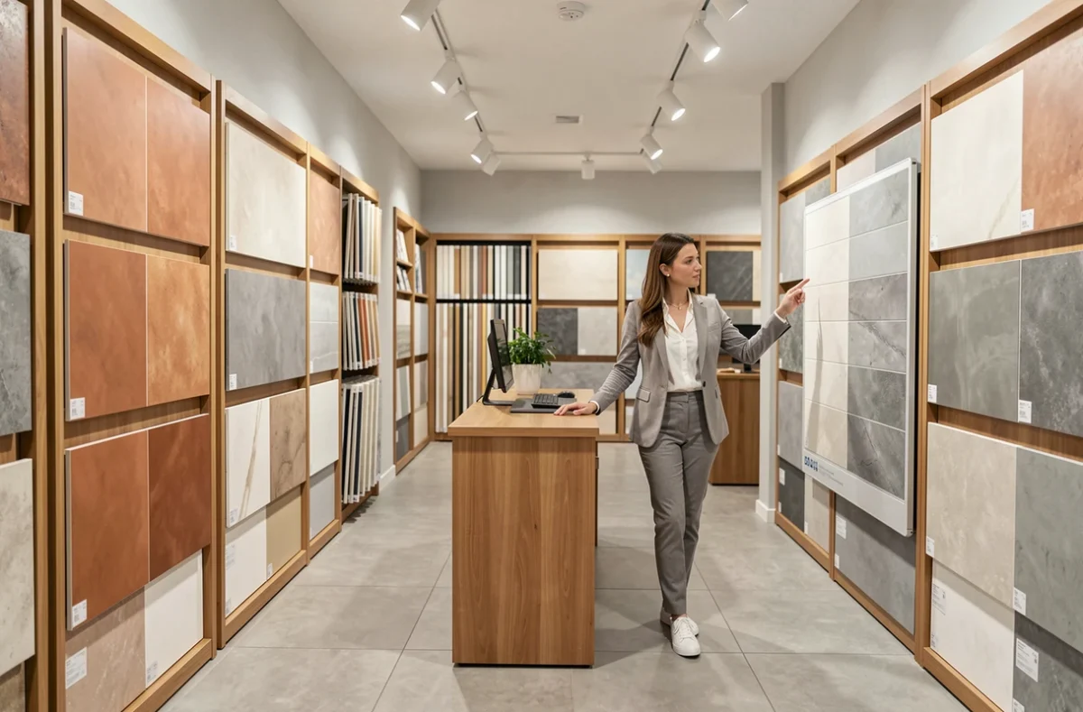 Salle d'exposition d'Objectif Maison présentant une large gamme de carreaux muraux et de sol dans un magasin de rénovation français
