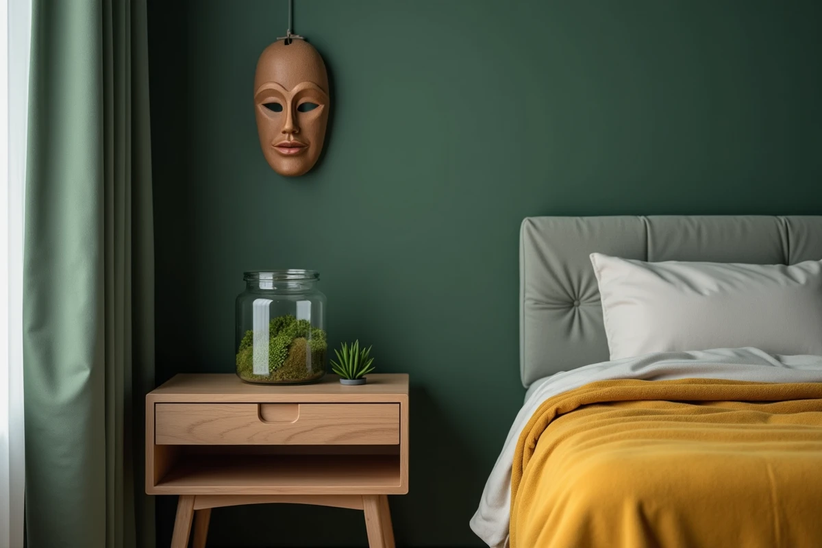 Objets en M dans une chambre avec masque décoratif, terrarium de mousse et couverture en laine moutarde sur table de nuit