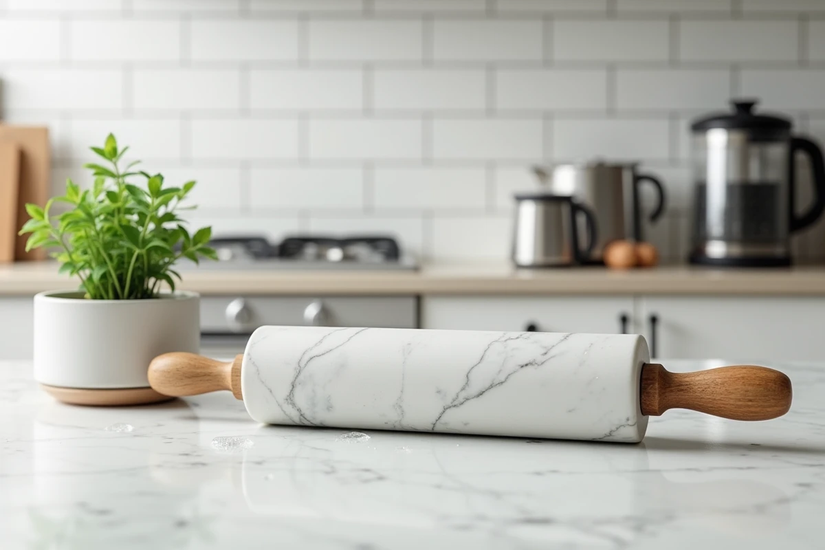 Objets en M dans une cuisine avec rouleau à pâtisserie en marbre, tasses à mesurer et plante de menthe sur plan de travail