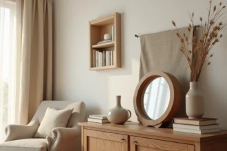 Objets en M pour la maison disposés sur un buffet en bois rustique avec horloge, miroir et mug en céramique