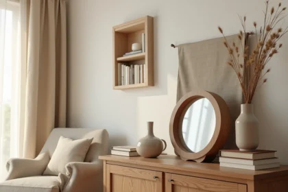 Objets en M pour la maison disposés sur un buffet en bois rustique avec horloge, miroir et mug en céramique