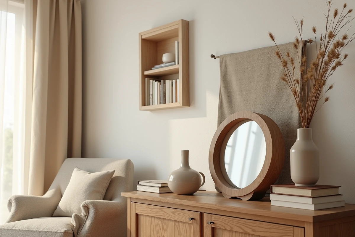 Objets en M pour la maison disposés sur un buffet en bois rustique avec horloge, miroir et mug en céramique