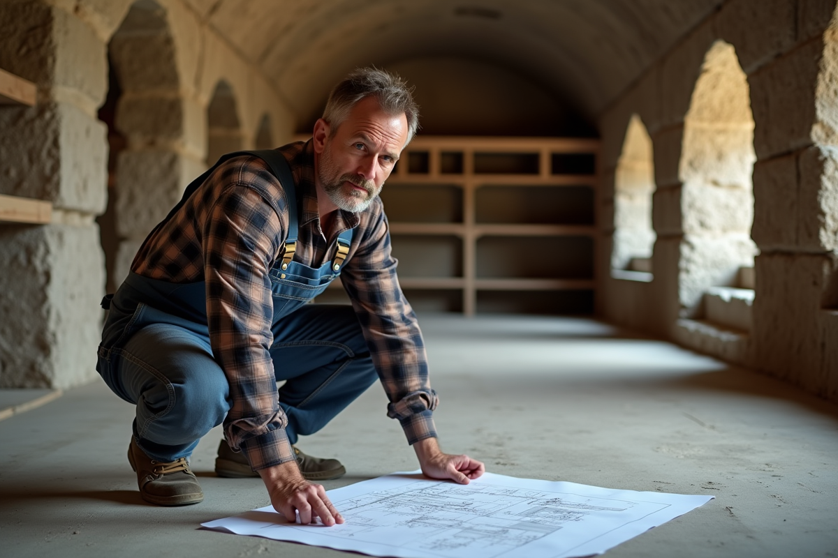 Homme en overalls examine plans dans cave à vin en construction