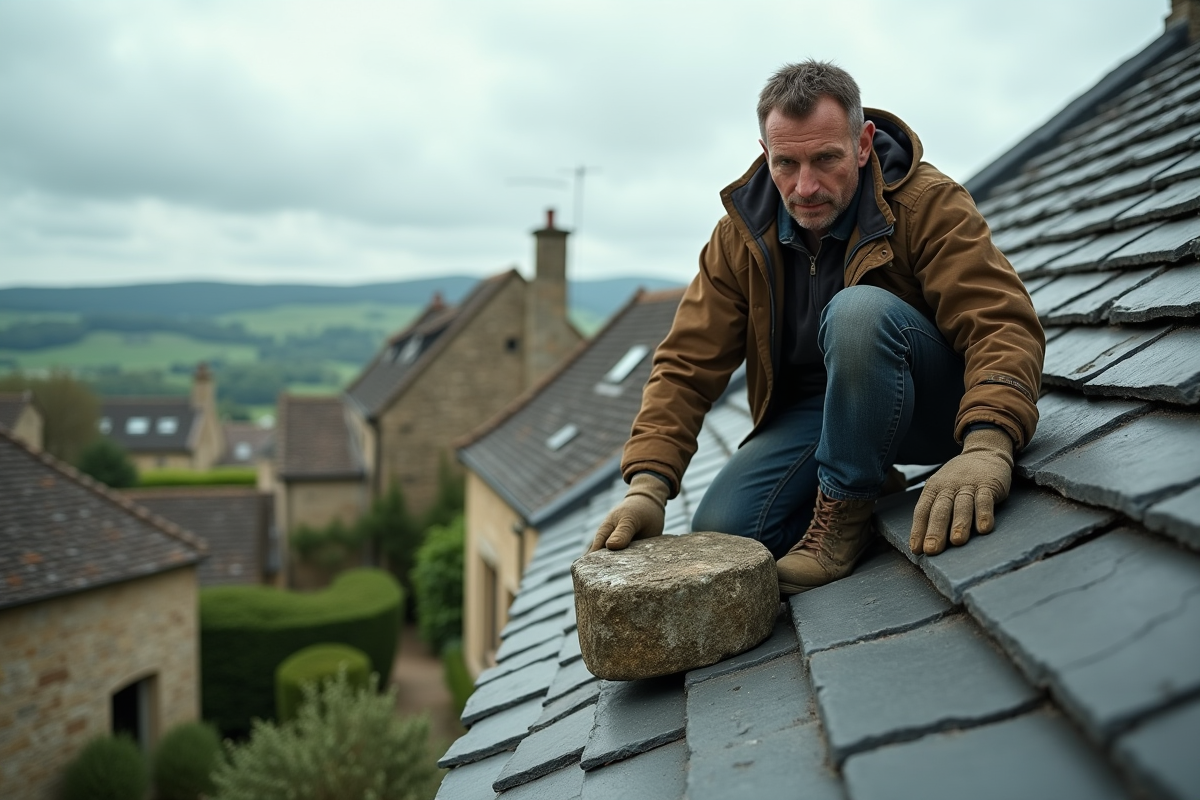 Charpentier pose une pierre sur un toit en ardoise dans un village rural