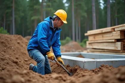 Ouvrier de construction avec casque jaune et pelle en plein travail