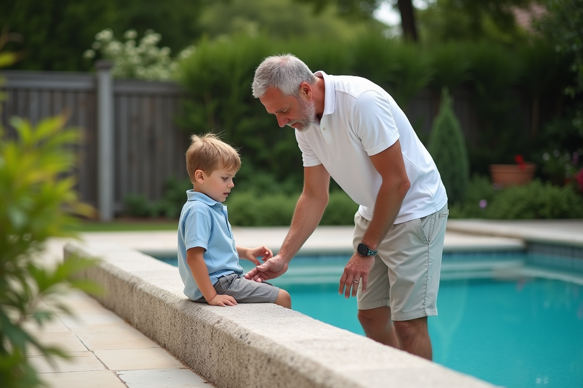 Père et fils observant le rebord de la piscine