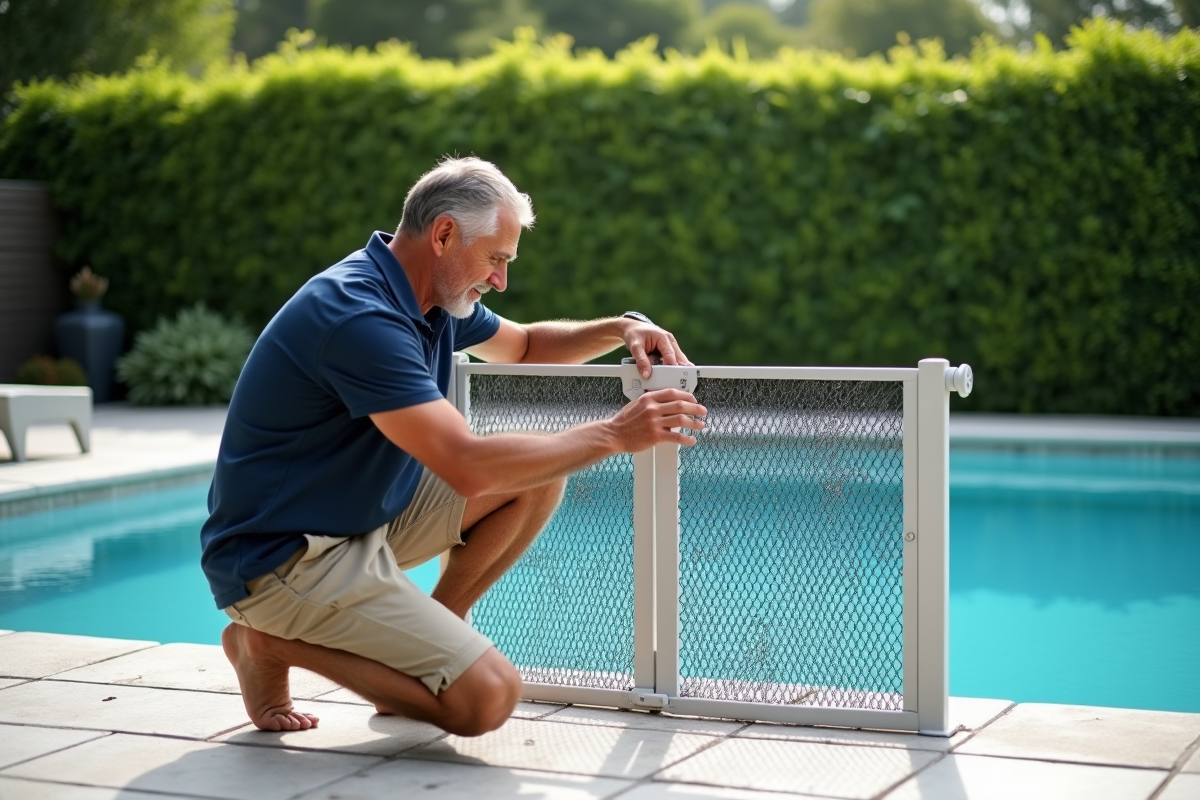 Père en polo navy et short kaki verrouillant une barrière de sécurité piscine