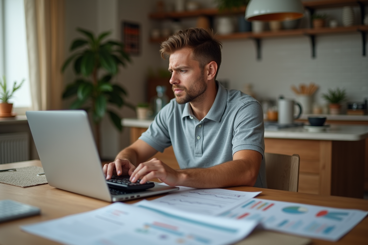 Père utilisant ordinateur et calculatrice à la maison