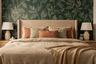 Papier peint botanique vert foncé en tête de lit dans une chambre adulte cocooning aux tons naturels