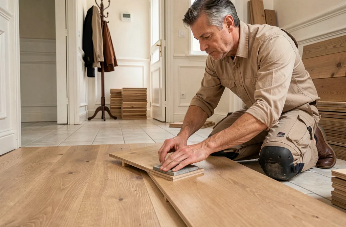 Spécialiste de Parquet Plus Orléans posant des lames de parquet en chêne large avec une transition vers un couloir carrelé dans un appartement français