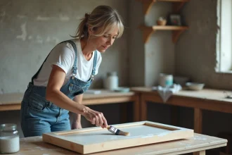 Femme appliquant de la peinture aqueuse sur une porte de meuble en glycéro sans poncer, dans un atelier DIY maison