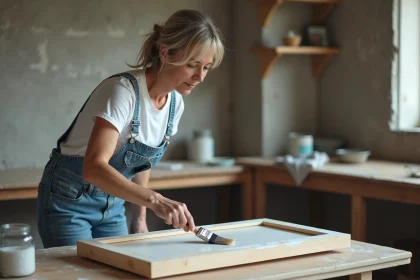 Femme appliquant de la peinture aqueuse sur une porte de meuble en glycéro sans poncer, dans un atelier DIY maison