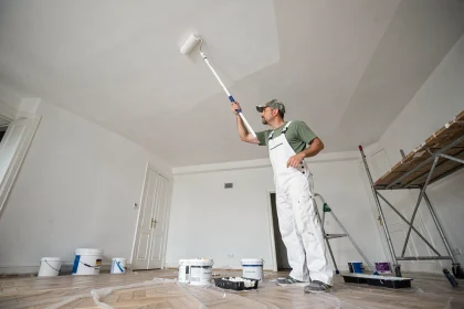 Peintre professionnel appliquant de la peinture blanche de qualité sur un plafond de 50m2 avec un rouleau à manche long dans un appartement parisien