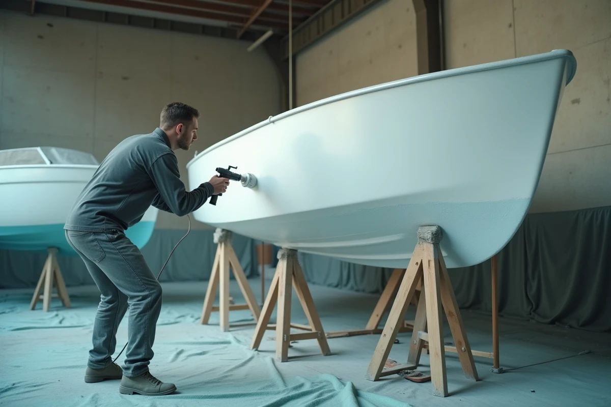 Peintre appliquant une couche d'apprêt sur une surface en fibre de verre dans un atelier de réparation nautique