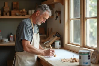 Artisan appliquant de la peinture blanche sur une boiserie brute en bois de pin dans un atelier de menuiserie