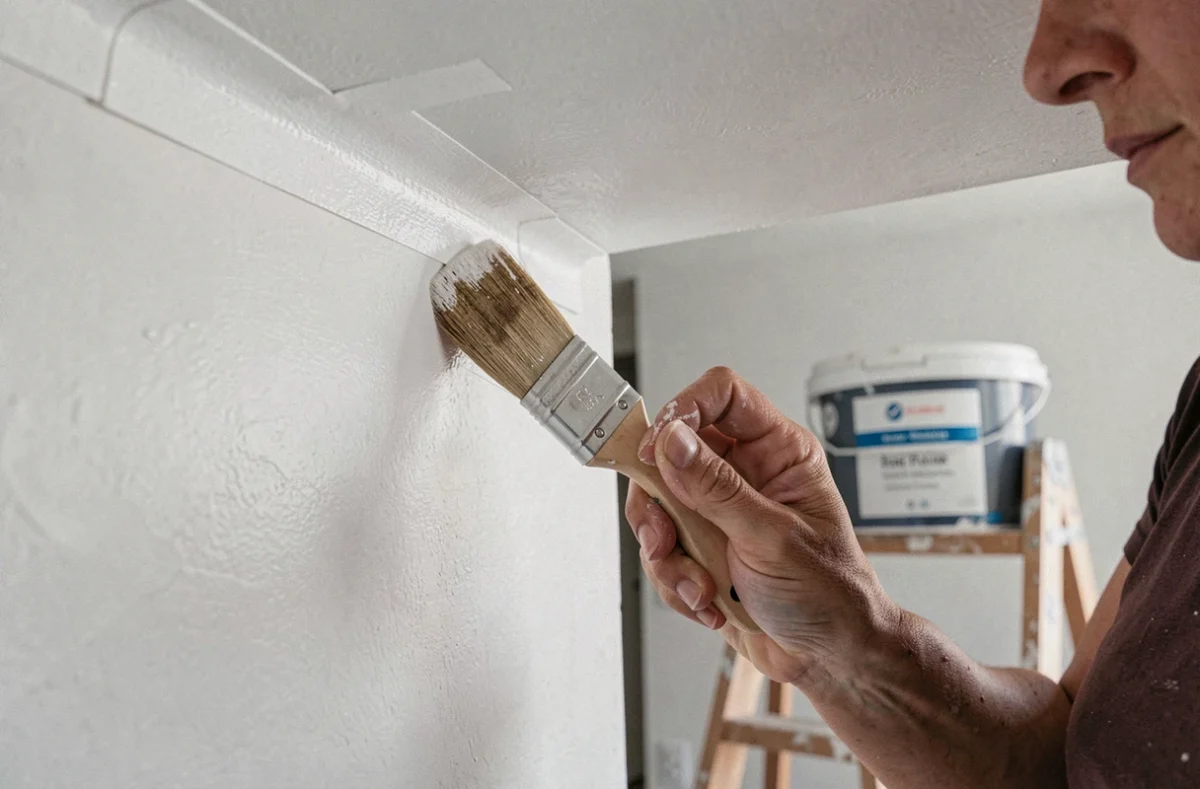 Détail des mains d'une peintre professionnelle appliquant de la peinture de qualité en finition au pinceau sur les bords d'un plafond lors d'une rénovation intérieure