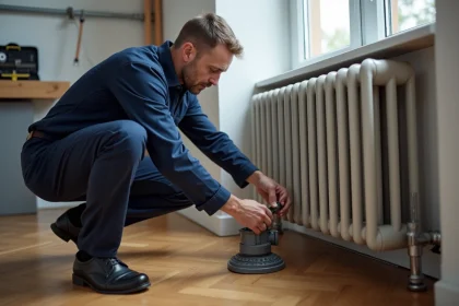 Plombier professionnel inspectant un pied de radiateur en intérieur