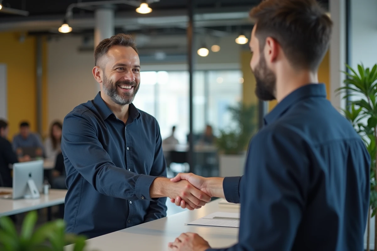 Poignée de main entre un client et un prestataire de service illustrant la confiance et les garanties