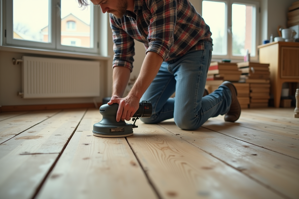Homme ponçant un parquet en bois dans un appartement lumineux