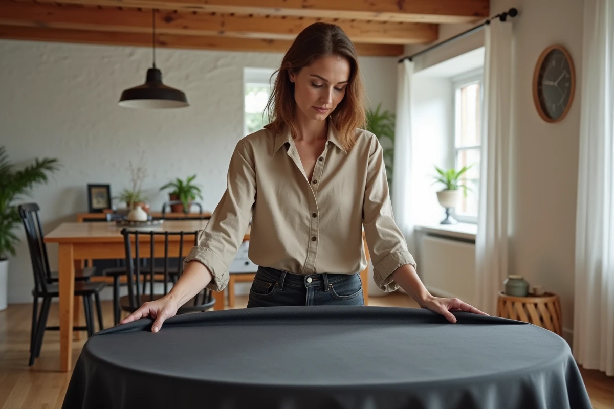 Femme déposant une nappe ovale infroissable grise sur une table ovale dans une salle à manger scandinave