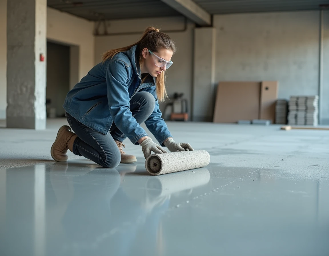 Spécialiste en revêtement de sol utilisant un rouleau à picots sur un ragréage autolissant frais dans un grand espace commercial