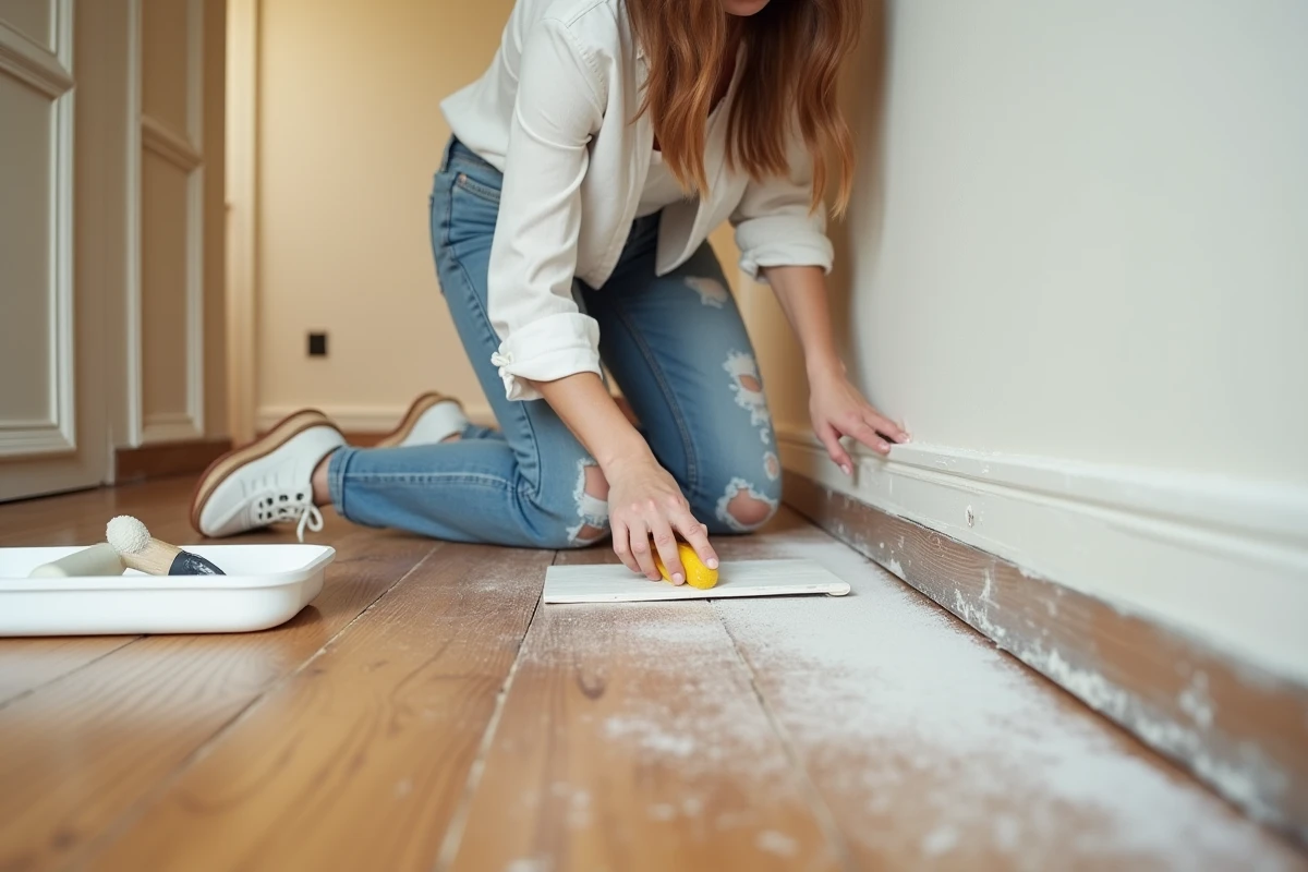 Femme ponçant une plinthe en bois verni avant d'appliquer une peinture blanche dans un couloir rénové