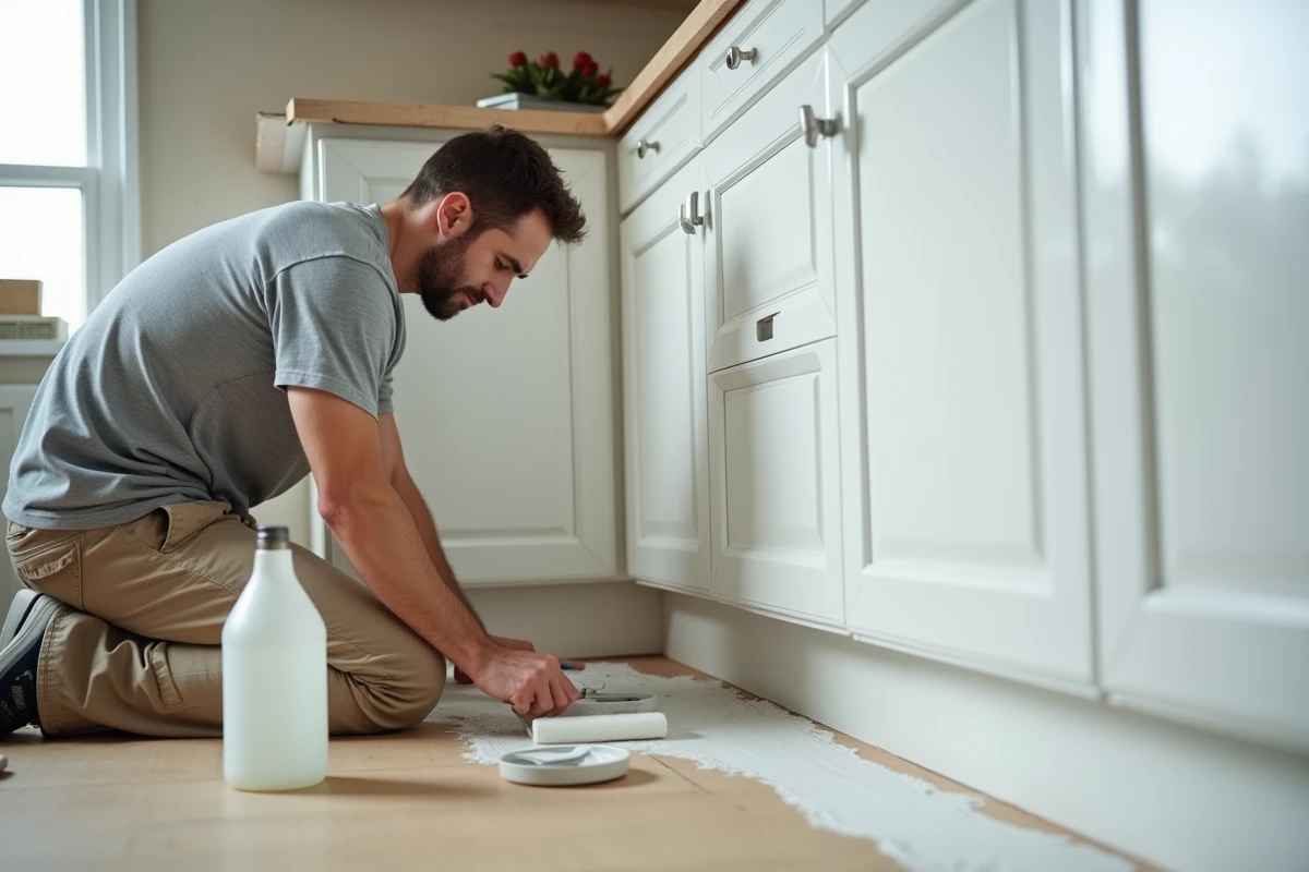 Homme appliquant une couche d'accroche au rouleau sur une plinthe en glycéro dans une cuisine en rénovation