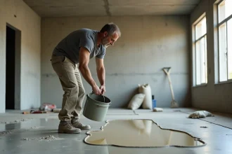 Ouvrier versant un ragréage autonivelant sur une grande surface de sol en béton brut dans un chantier intérieur