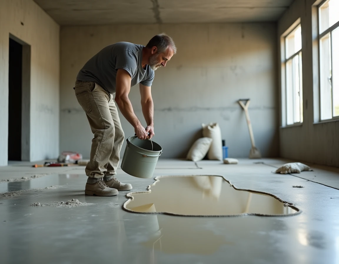Ouvrier versant un ragréage autonivelant sur une grande surface de sol en béton brut dans un chantier intérieur