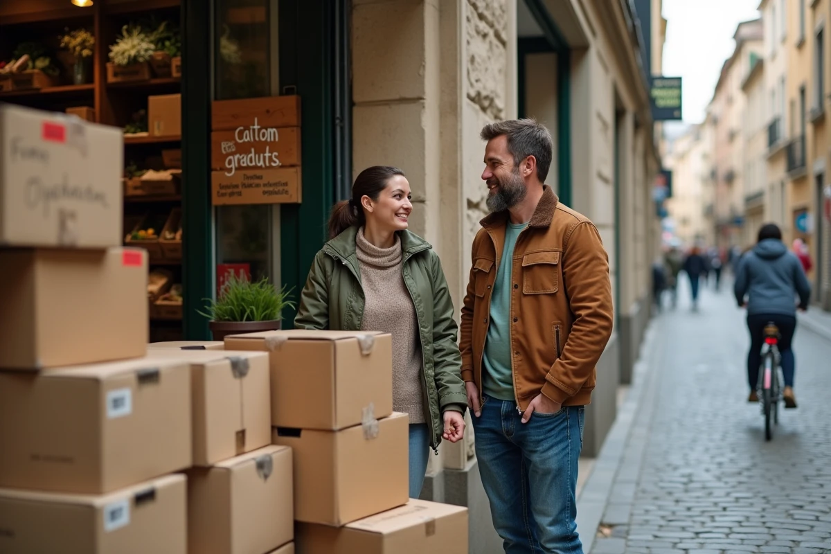 Deux personnes récupérant des cartons gratuits devant une épicerie de quartier pour un déménagement écologique et économique