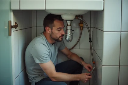 Plombier ajustant le réducteur de pression sous un lavabo pour augmenter la pression d'eau chaude