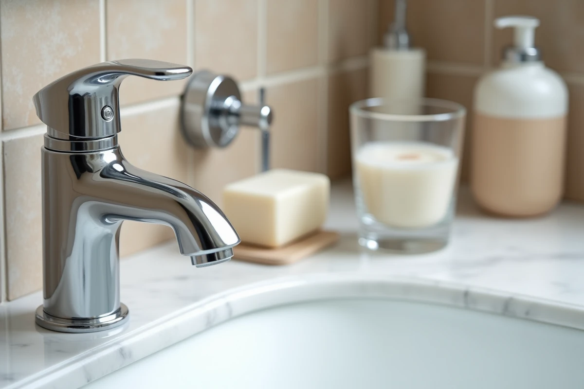 Gros plan sur un robinet de salle de bain avec dépôts de calcaire et dispositif aimant anti-calcaire visible sur la canalisation