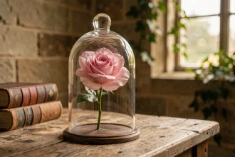 Rose rose lumineuse sous une cloche en verre dans une atmosphère de conte de fées sur une table en bois ancien