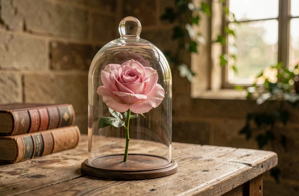 Rose rose lumineuse sous une cloche en verre dans une atmosphère de conte de fées sur une table en bois ancien