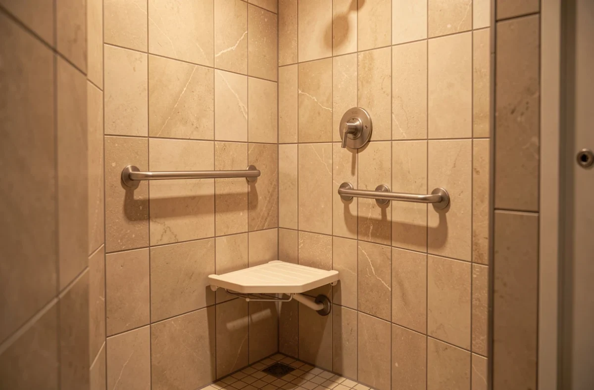 Salle de bain avec barre d'appui et siège de douche