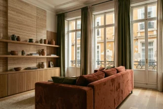 Salon lyonnais design avec identité forte, canapé velours terracotta, étagères en chêne et mur en travertin dans un appartement haussmannien